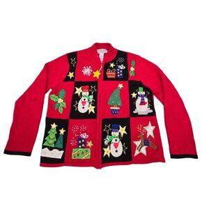 Tiara International Christmas Cardigan Sweater Red Medium Embroidered Full Zip